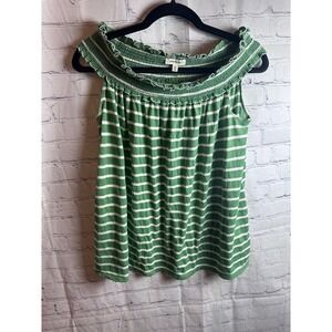 MAX STUDIO Green & White Striped Ruffle Neck Tank Top Size L